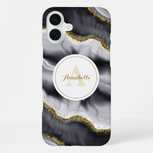 Gold Glitter Schwarz Monogramm iPhone 16 Plus Hülle