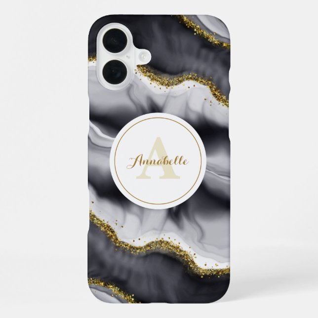 Gold Glitter Schwarz Monogramm iPhone Hülle (Rückseite)