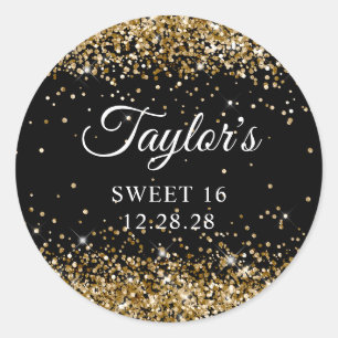 Gold Glitter Schwarz Sweet 16 Runder Aufkleber