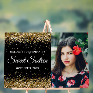 Gold Glitter Schwarz Sweet Sixteen Willkommen Acrylschild