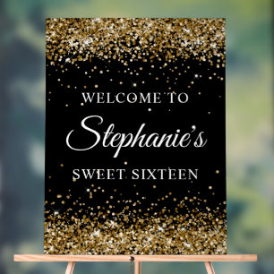 Gold Glitter Schwarz Sweet Sixteen Willkommen Acrylschild