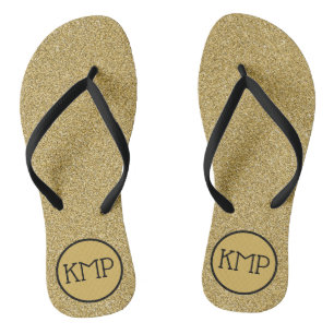 Gold Glitter Schwarz und Gold Monogramm Flip Flops