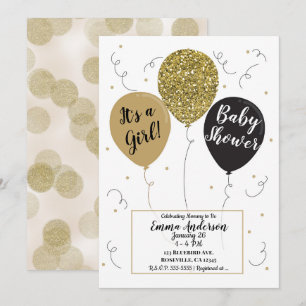 Gold Glitter Schwarze Ballons Mädchen Baby Dusche Einladung
