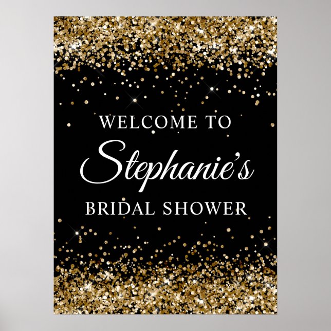 Gold Glitter Schwarze Hochzeitsdusche Willkommen Poster (Vorne)