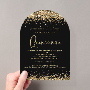 Gold Glitter Schwarze Quinceanera-Geburtstagsfeier Acryleinladungen