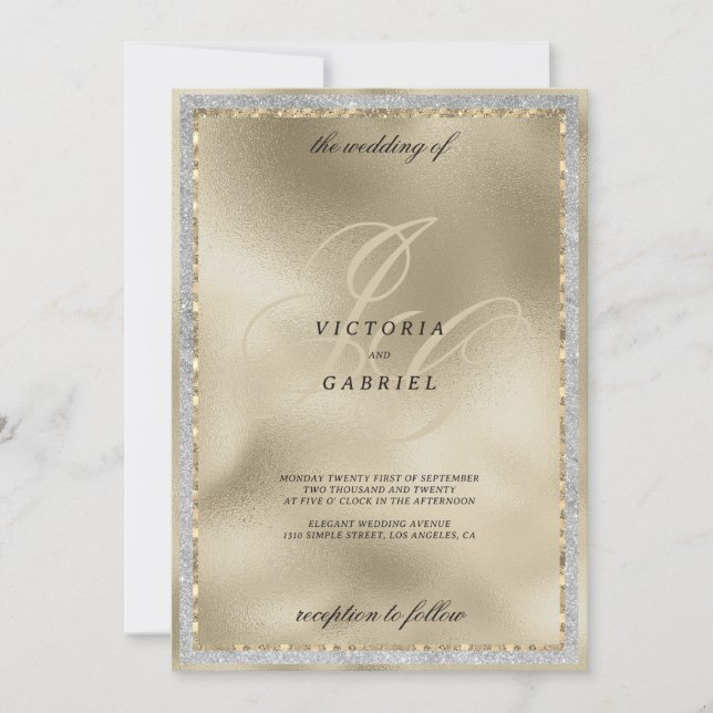 Gold Glitter schwarzes Monogramm Initial Hochzeit  Einladung (Vorderseite)