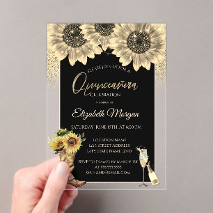 Gold Glitter Sonnenblumen, Rose Gold Quinceanera Acryleinladungen