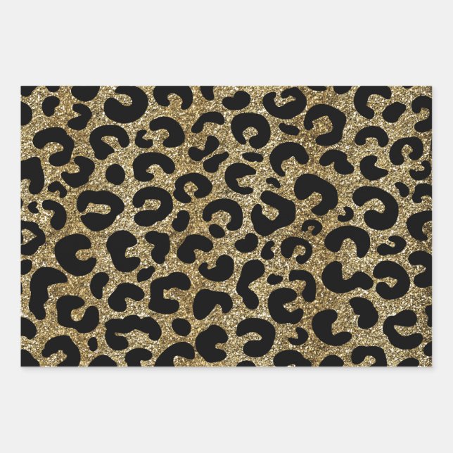 Gold glitter sparkle &black leopard print pattern geschenkpapier set (Vorderseite)