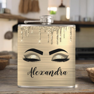 Gold Glitter Sparkle Eyelashes Monogram Name Flachmann