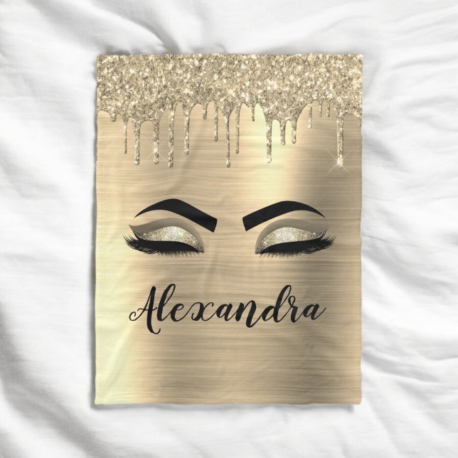 Gold Glitter Sparkle Eyelashes Monogram Name Fleecedecke (Von Creator hochgeladen)