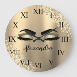 Gold Glitter Sparkle Eyelashes Monogram Name Große Wanduhr