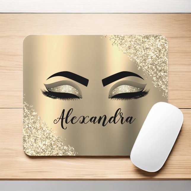 Gold Glitter Sparkle Eyelashes Monogram Name Mousepad (Von Creator hochgeladen)