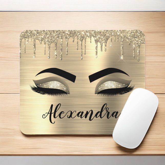 Gold Glitter Sparkle Eyelashes Monogram Name Mousepad (Von Creator hochgeladen)