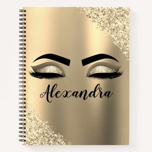 Gold Glitter Sparkle Eyelashes Monogram Name Notizbuch (Vorderseite)