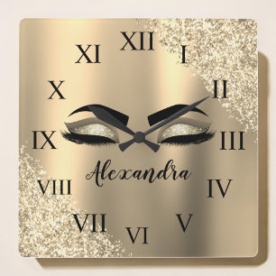 Gold Glitter Sparkle Eyelashes Monogram Name Quadratische Wanduhr