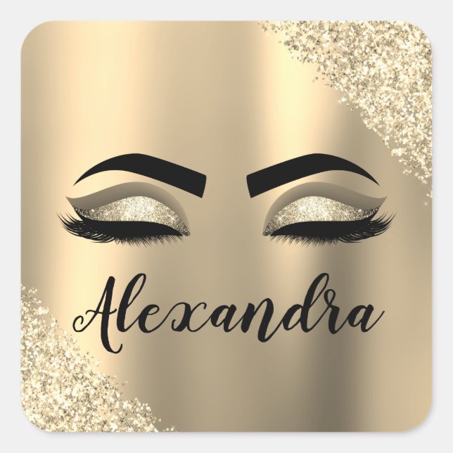 Gold Glitter Sparkle Eyelashes Monogram Name Quadratischer Aufkleber (Vorderseite)