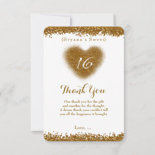 Gold Glitter Spill Sweet 16 Herz Danke Karte