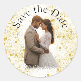 Gold Glitter Splatter Wedding Save the Date Runder Aufkleber