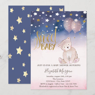 Gold Glitter Stern, Teddybär-Balloons Baby Shower Einladung
