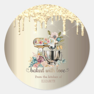 Gold Glitter Tropf Mixer Blumen Bäckerei Runder Aufkleber