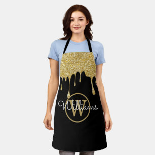 Gold Glitter Tropf Monogramm Schrift Schwarz Schürze