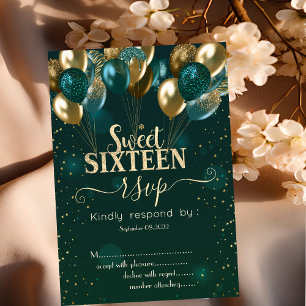 Gold Glitter Tropfballons Grün Sweet 16 RSVP  Einladung