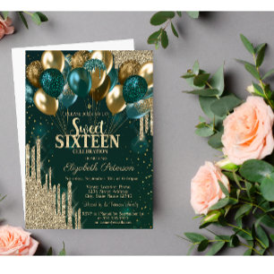 Gold Glitter Tropfen Ballons Grün Sweet 16 Einladung