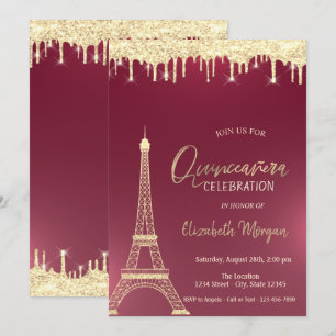Gold Glitter Tropfen Eiffelturm rote Quinceanera Einladung