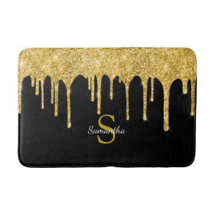 Gold Glitter Tropfen Glänzen Schwarzes Monogramm N Badematte