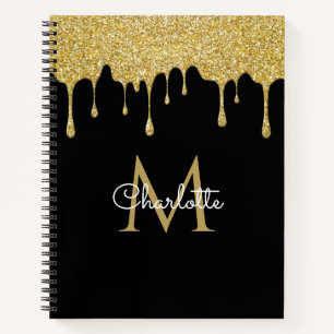 Gold Glitter Tropfen Monogram Elegantes Mädchenhaf Notizbuch