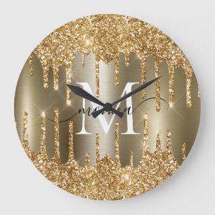 Gold Glitter-Tropfen Monogramm personalisiert Große Wanduhr