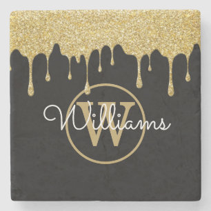 Gold Glitter Tropfen Monogramm Schriftname Schwarz Steinuntersetzer