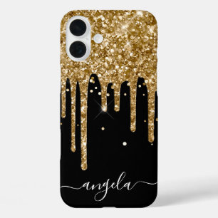 Gold Glitter Tropfen Schwarzes Glam Signature iPhone 16 Plus Hülle