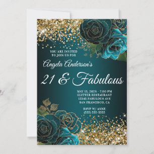 Gold Glitter Türkis Blau Floral Glam 21 & Fantasti Einladung