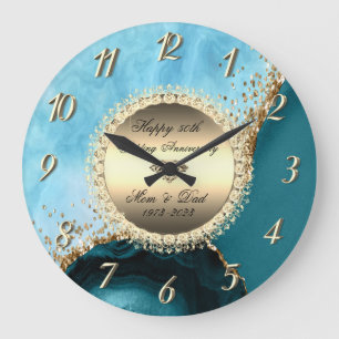 Gold Glitter Türkis Marmor 50. Hochzeit Große Wanduhr