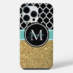 Gold Glitter Türkis Schwarz Weiß Trellis Monogramm iPhone 14 Pro Max Hülle