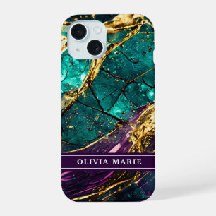 Gold Glitter Türkis und Lila Edelstein Benutzernam iPhone 15 Hülle