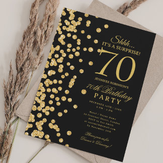 Gold Glitter Überraschung 70. Geburtstag Schwarz Einladung