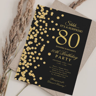 Gold Glitter Überraschung 80. Geburtstag Schwarz Einladung
