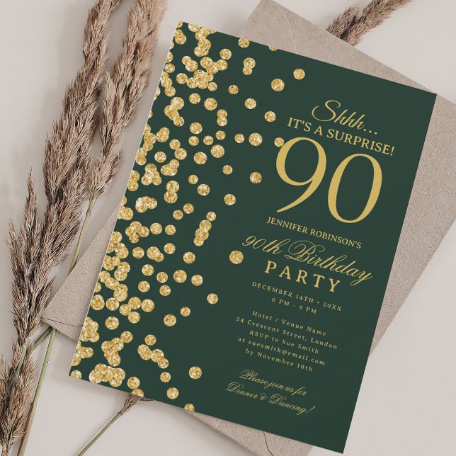 Gold Glitter Überraschung 90. Geburtstag Grün Einladung (Gold Glitter Surprise 90th Birthday Green Invitation)