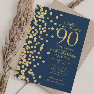 Gold Glitter Überraschung 90. Geburtstag Navy Bla Einladung
