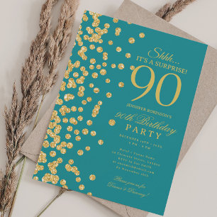 Gold Glitter Überraschung 90. Geburtstag Türkis Einladung
