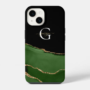 Gold Glitter und grüner Achat Monogramm Name iPhone 14 Hülle