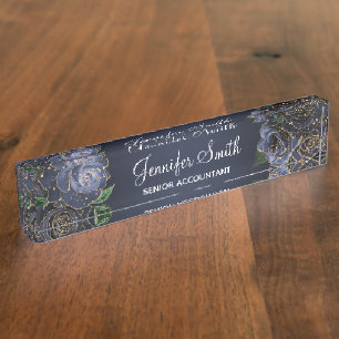 Gold Glitter und Navy Blau Glam Rosen Namensplakette
