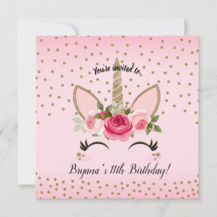 Gold Glitter und Pink Floral Einhorn Geburtstagsfe Einladung