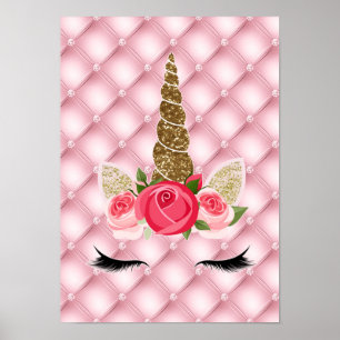 Gold Glitter und rosa Rosen Einhorn Geburtstagsfei Poster