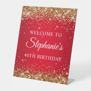 Gold Glitter und Roter 40. Geburtstag Sockelschild