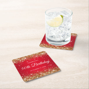 Gold Glitter und Roter 50. Geburtstag Rechteckiger Pappuntersetzer