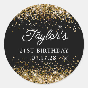 Gold Glitter und schwarzer 21. Geburtstag Runder Aufkleber