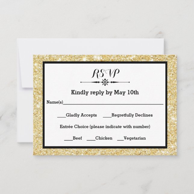 Gold Glitter und Schwarzer Rahmen - RSVP Response  (Vorderseite)